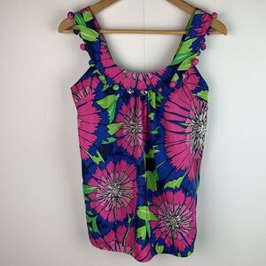 Lilly Pulitzer women’s 100% silk tank top Pom Pom neckline floral print size 2